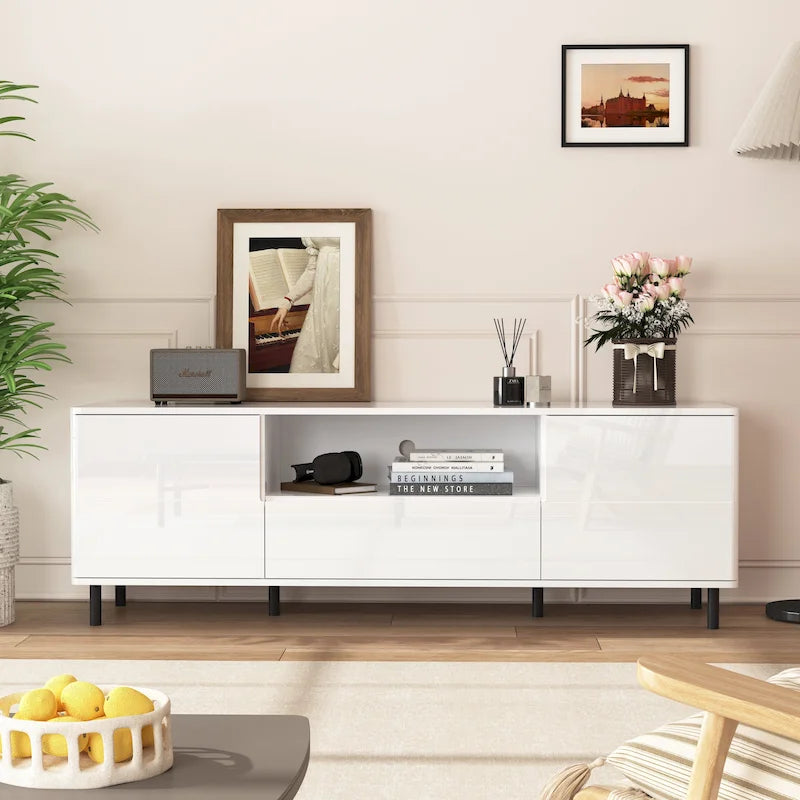 63" High Gloss White TV Console – Entertainment Center with Storage Shelves