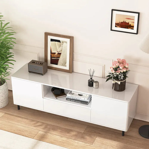 63" High Gloss White TV Console – Entertainment Center with Storage Shelves
