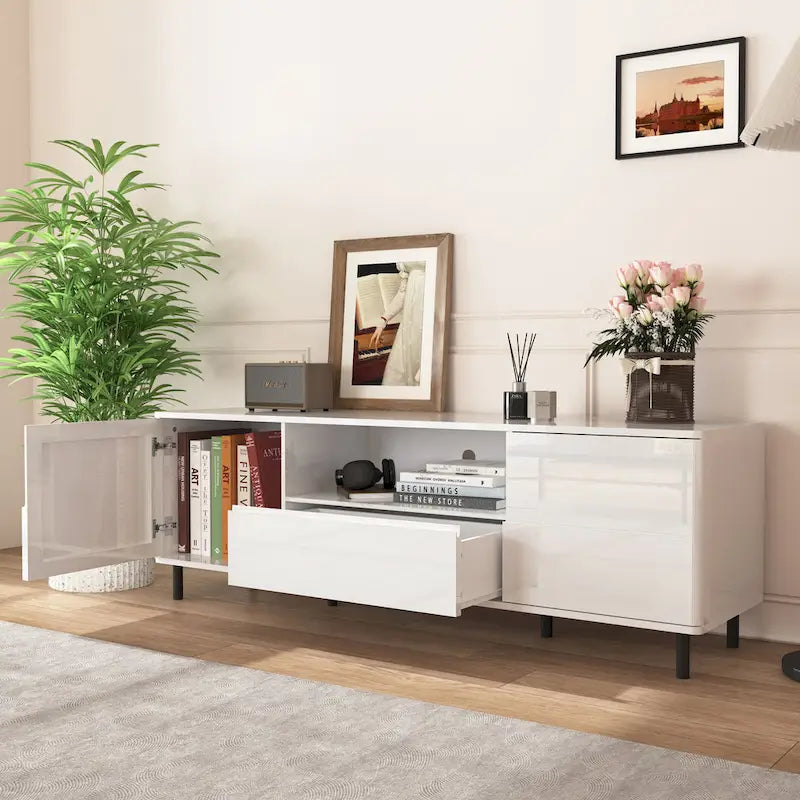 63" High Gloss White TV Console – Entertainment Center with Storage Shelves