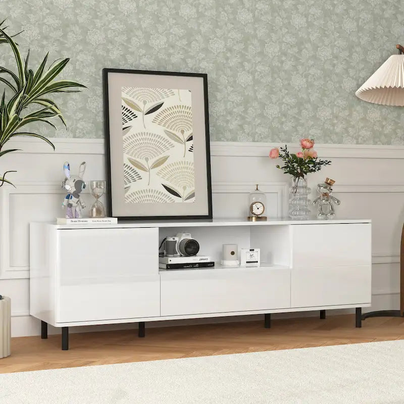 63" High Gloss White TV Console – Entertainment Center with Storage Shelves