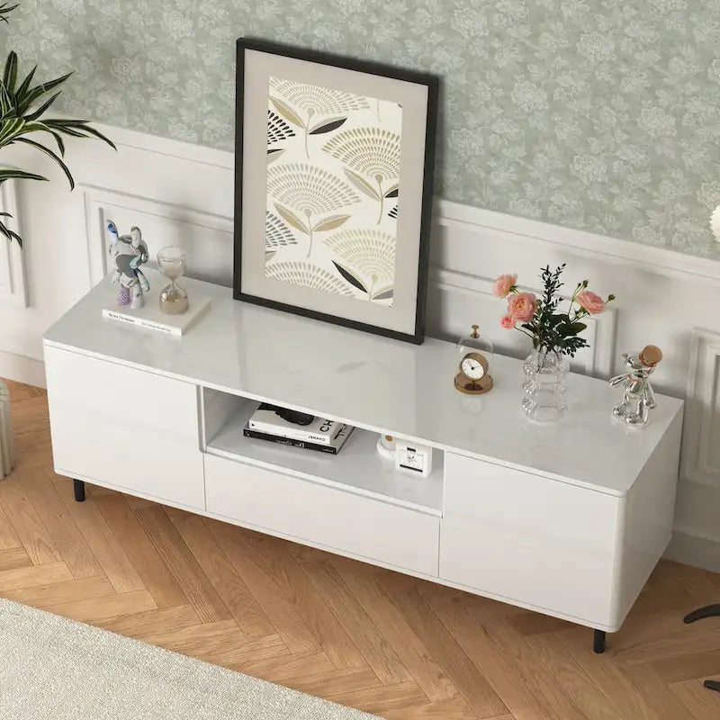 63" High Gloss White TV Console – Entertainment Center with Storage Shelves