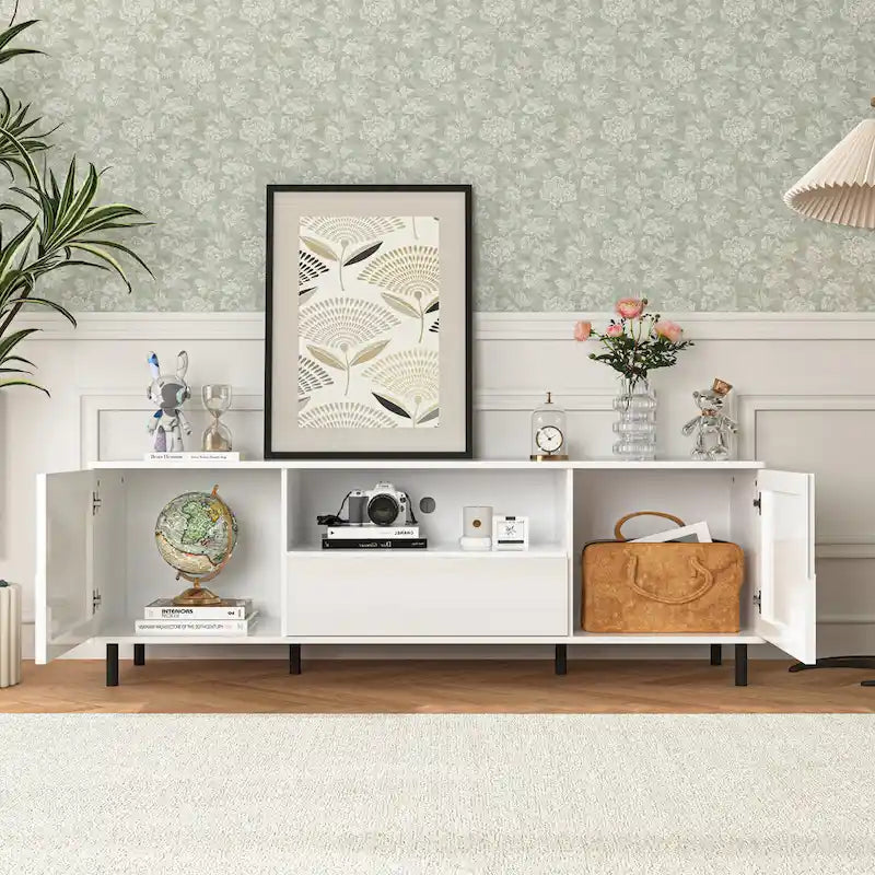 63" High Gloss White TV Console – Entertainment Center with Storage Shelves