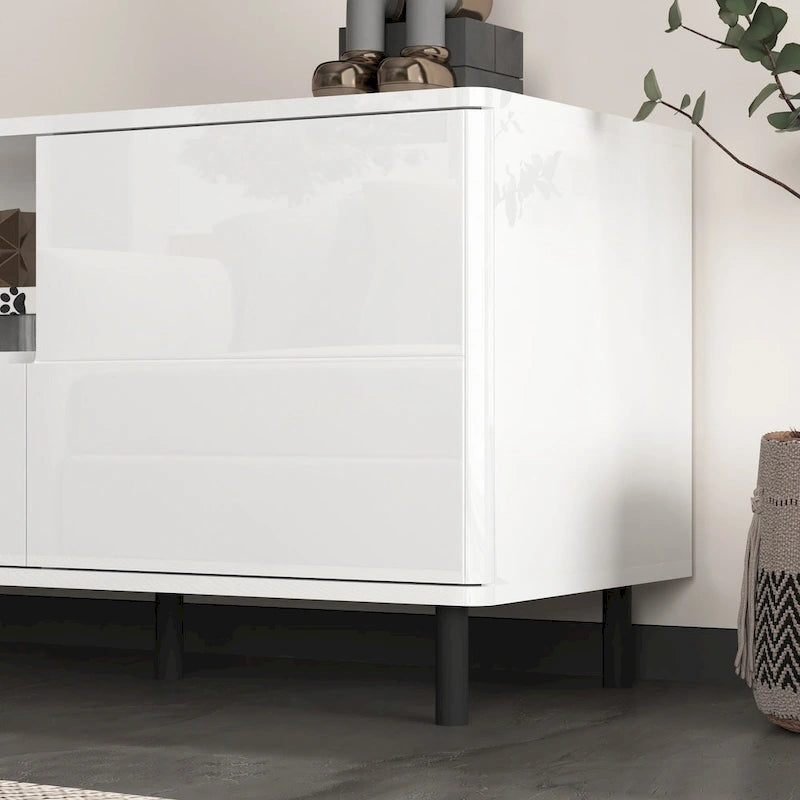 63" High Gloss White TV Console – Entertainment Center with Storage Shelves
