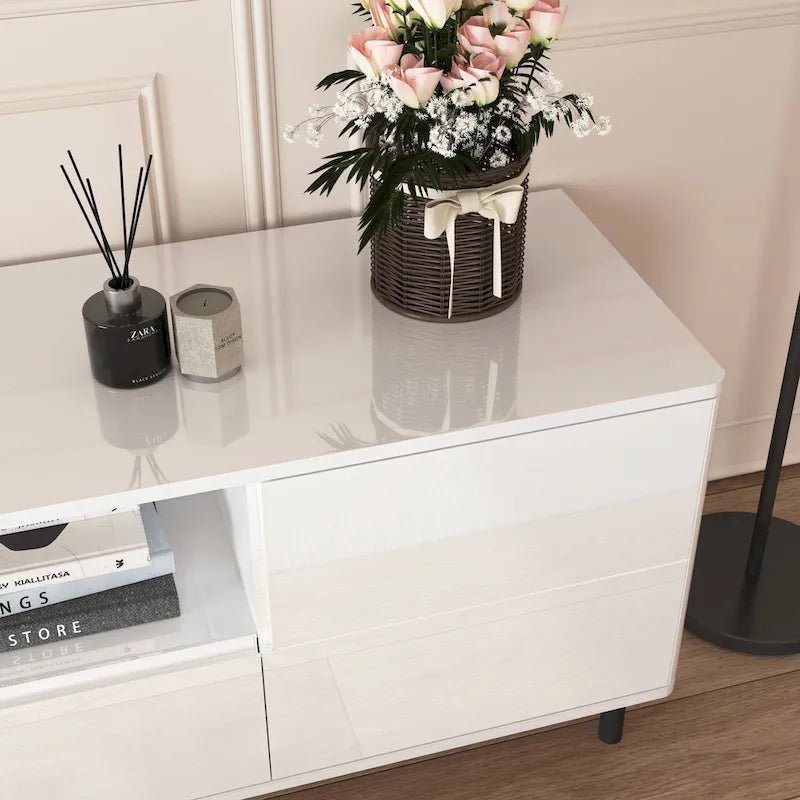 63" High Gloss White TV Console – Entertainment Center with Storage Shelves