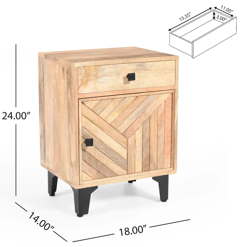 Handcrafted Solid Mango Wood Nightstand with Drawer – Natural Finish, 18x14x24"