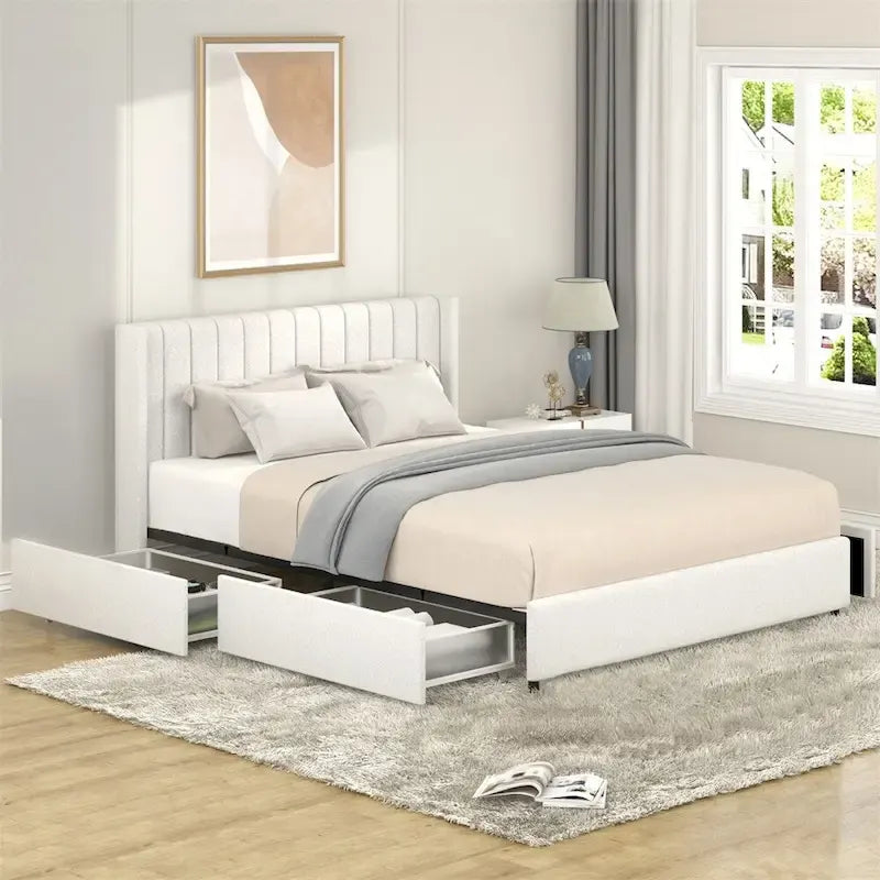 Queen Size Ivory Boucle Upholstered Platform Bed w/4 Drawers Storage