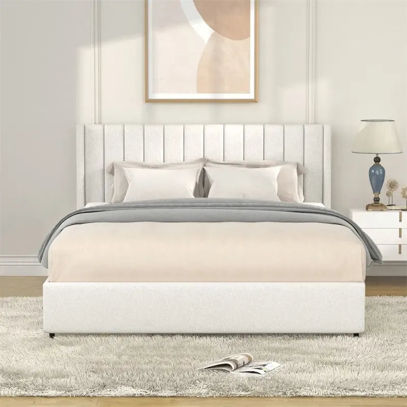 Queen Size Ivory Boucle Upholstered Platform Bed w/4 Drawers Storage