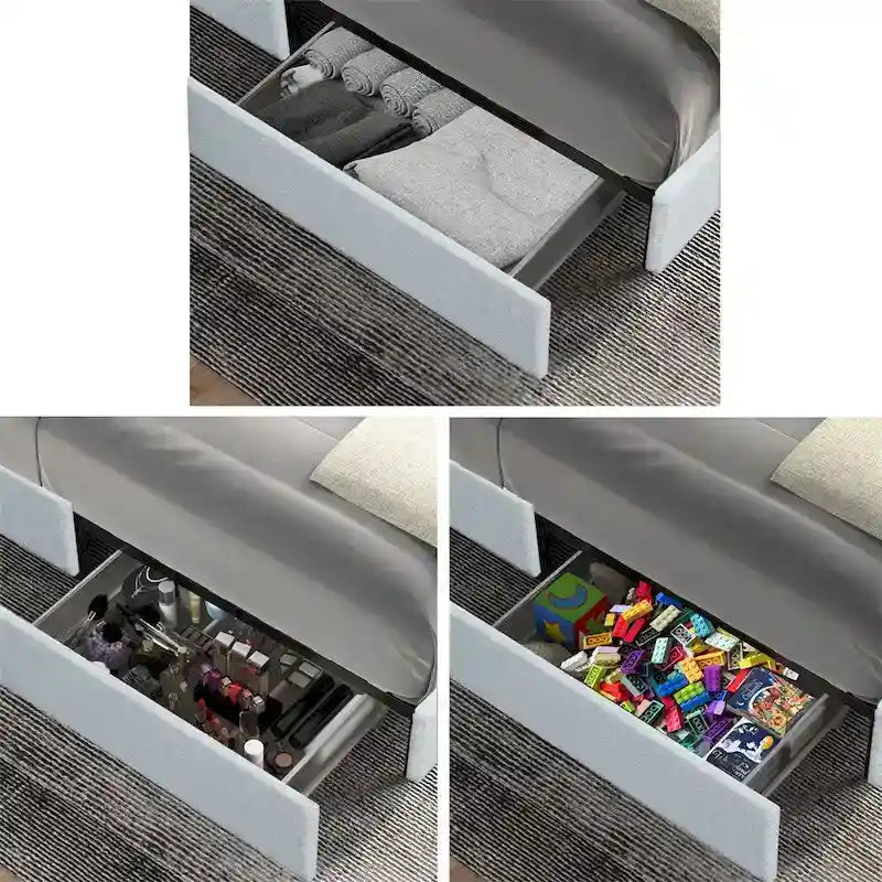 Queen Size Ivory Boucle Upholstered Platform Bed w/4 Drawers Storage