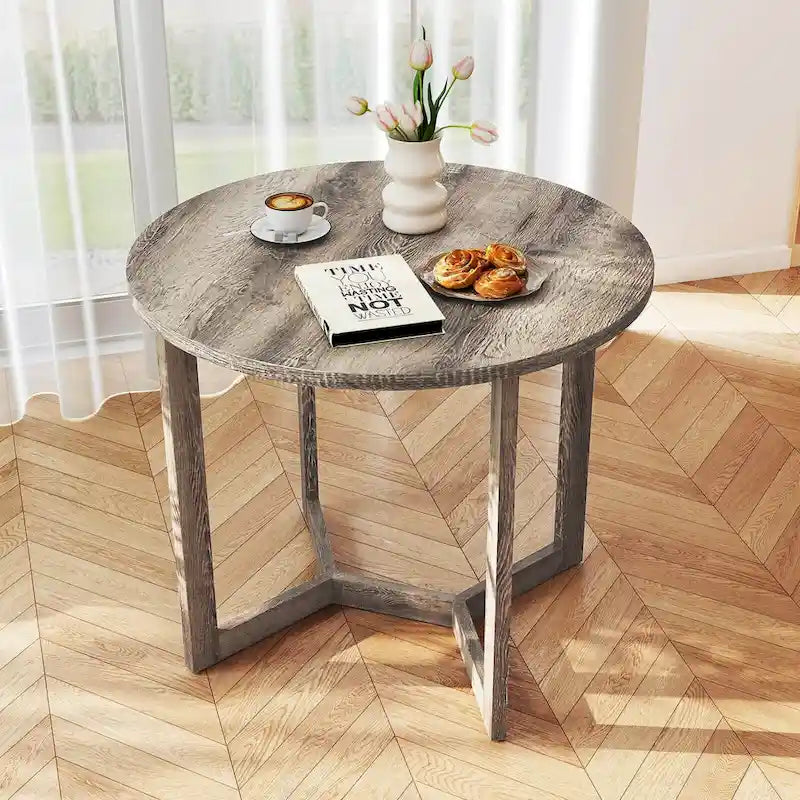 36" Round Rubberwood Dining Table – Wing-Shaped Pedestal, Seats 2-4, Anti-Scratch Top