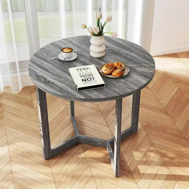 36" Round Rubberwood Dining Table – Wing-Shaped Pedestal, Seats 2-4, Anti-Scratch Top