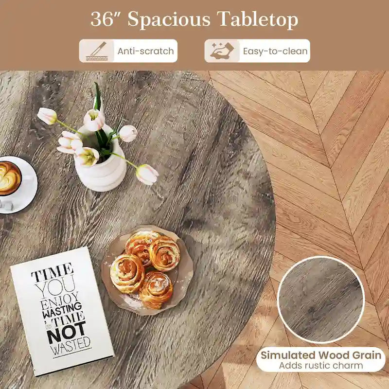 36" Round Rubberwood Dining Table – Wing-Shaped Pedestal, Seats 2-4, Anti-Scratch Top