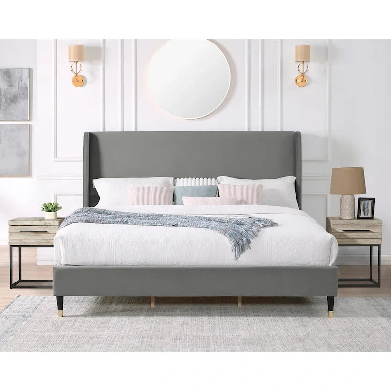 Gray King Size Modern Style Platform Bed with Wingback Design Velvet Headboard for Bedroom
