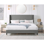 Gray King Size Modern Style Platform Bed with Wingback Design Velvet Headboard for Bedroom