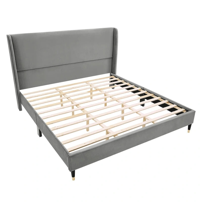 Gray King Size Modern Style Platform Bed with Wingback Design Velvet Headboard for Bedroom