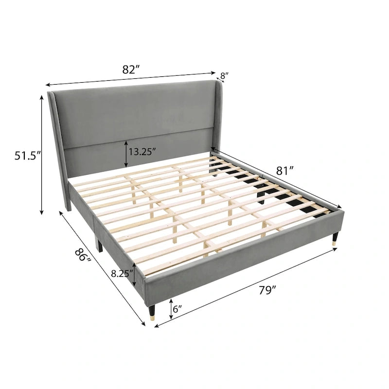 Gray King Size Modern Style Platform Bed with Wingback Design Velvet Headboard for Bedroom
