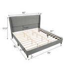 Gray King Size Modern Style Platform Bed with Wingback Design Velvet Headboard for Bedroom