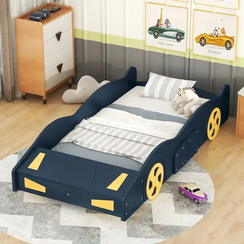 Pine Race Car Bed with Wheels & Storage