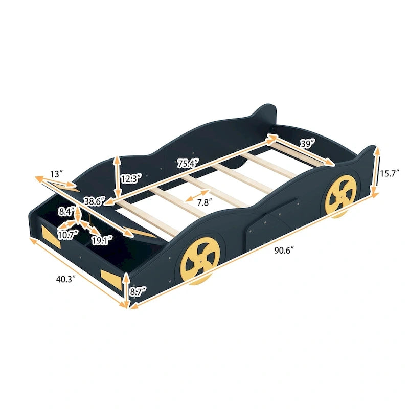 Pine Race Car Bed with Wheels & Storage