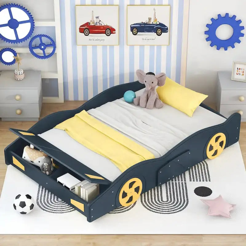 Pine Race Car Bed with Wheels & Storage