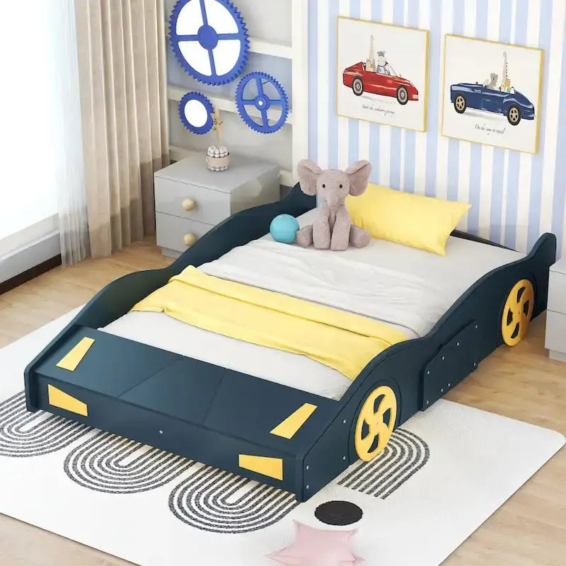 Pine Race Car Bed with Wheels & Storage