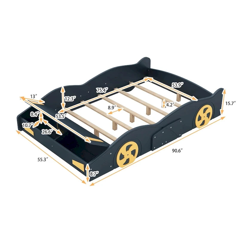 Pine Race Car Bed with Wheels & Storage