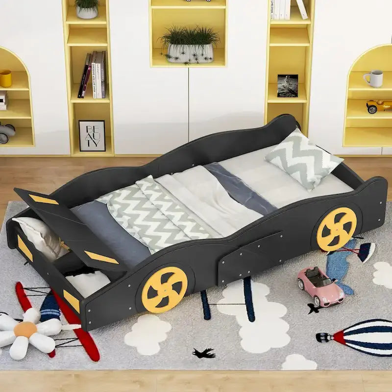 Pine Race Car Bed with Wheels & Storage