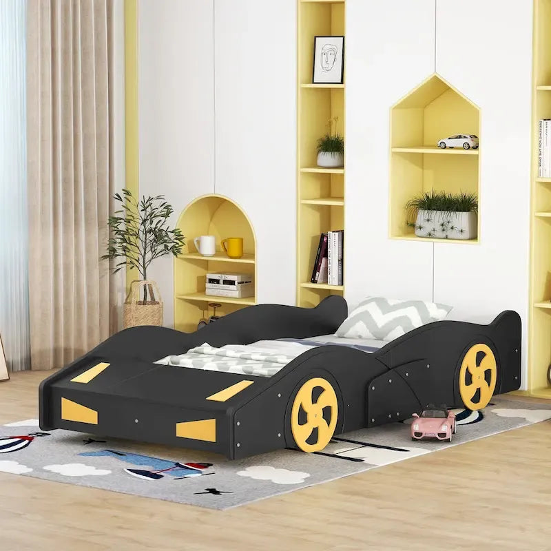 Pine Race Car Bed with Wheels & Storage