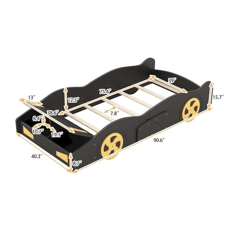 Pine Race Car Bed with Wheels & Storage