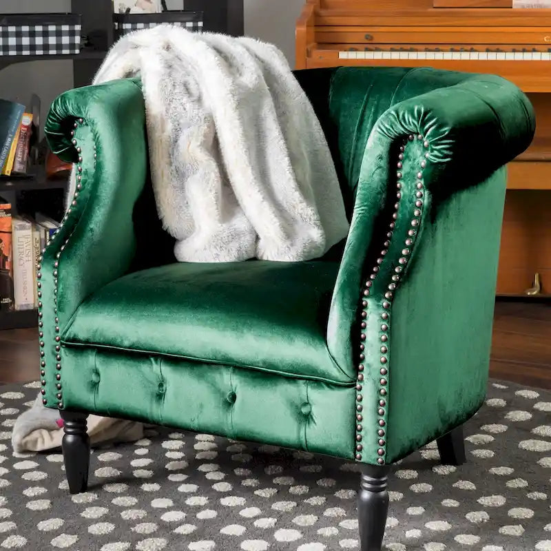 Velvet Club Chair – Tufted Arms, Nailhead Trim & Birch Wood Legs