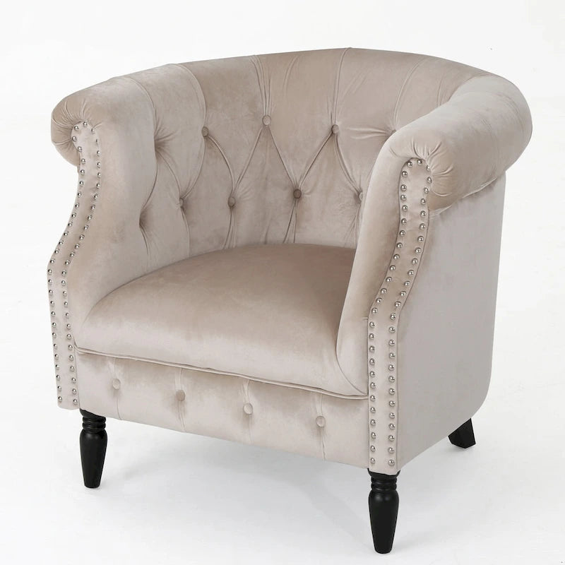 Velvet Club Chair – Tufted Arms, Nailhead Trim & Birch Wood Legs