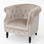 Velvet Club Chair – Tufted Arms, Nailhead Trim & Birch Wood Legs