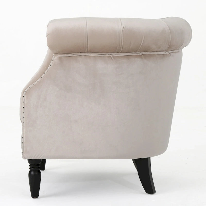 Velvet Club Chair – Tufted Arms, Nailhead Trim & Birch Wood Legs