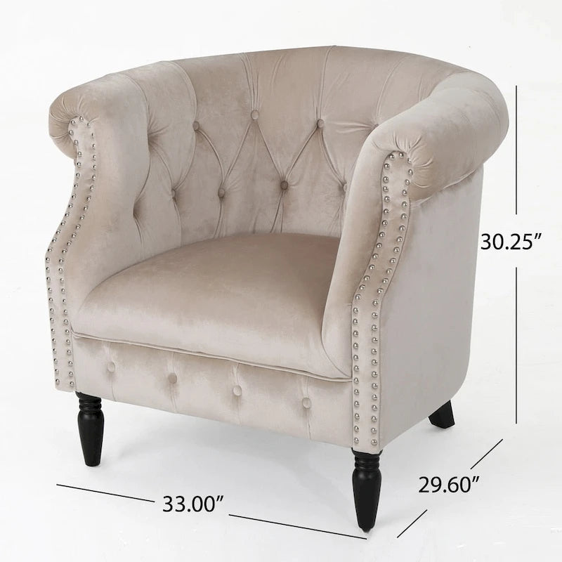 Velvet Club Chair – Tufted Arms, Nailhead Trim & Birch Wood Legs