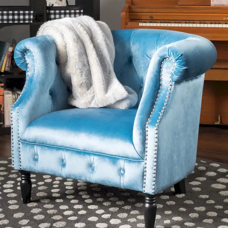 Velvet Club Chair – Tufted Arms, Nailhead Trim & Birch Wood Legs