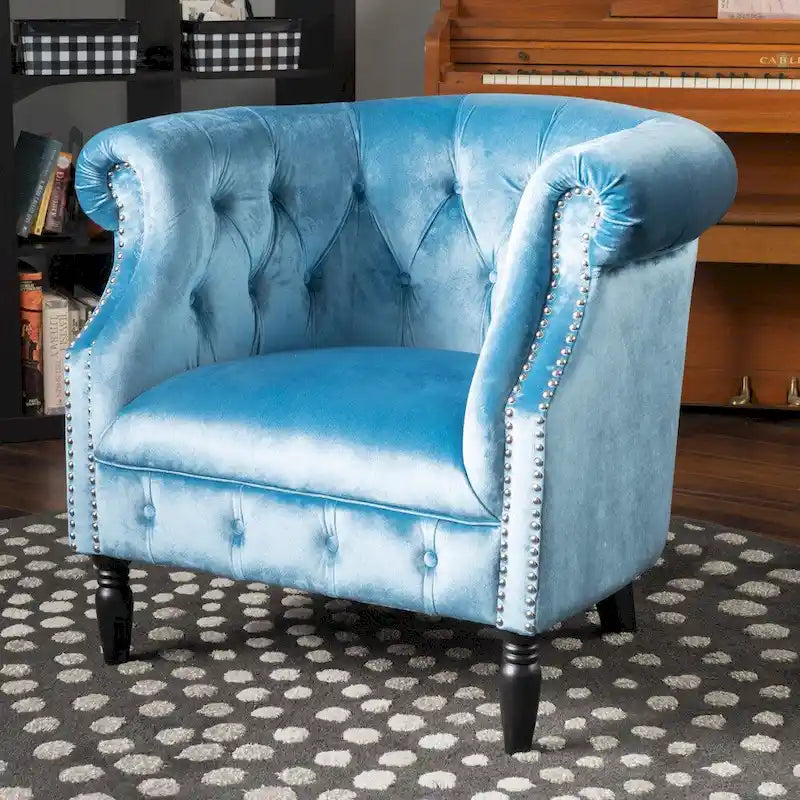 Velvet Club Chair – Tufted Arms, Nailhead Trim & Birch Wood Legs