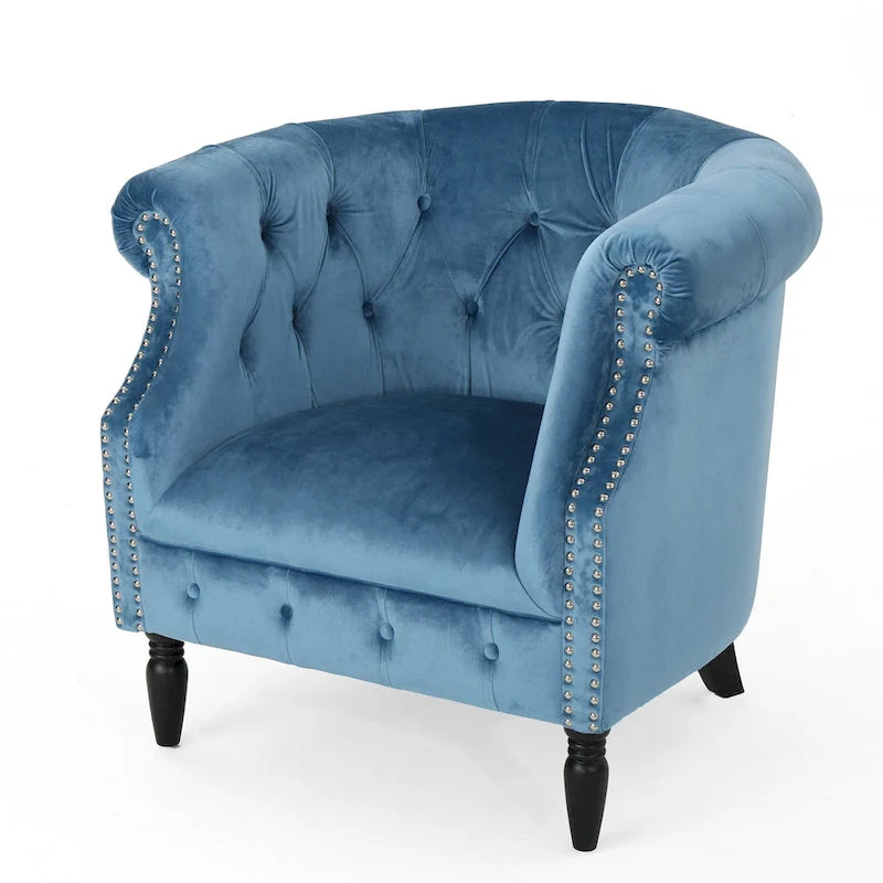 Velvet Club Chair – Tufted Arms, Nailhead Trim & Birch Wood Legs