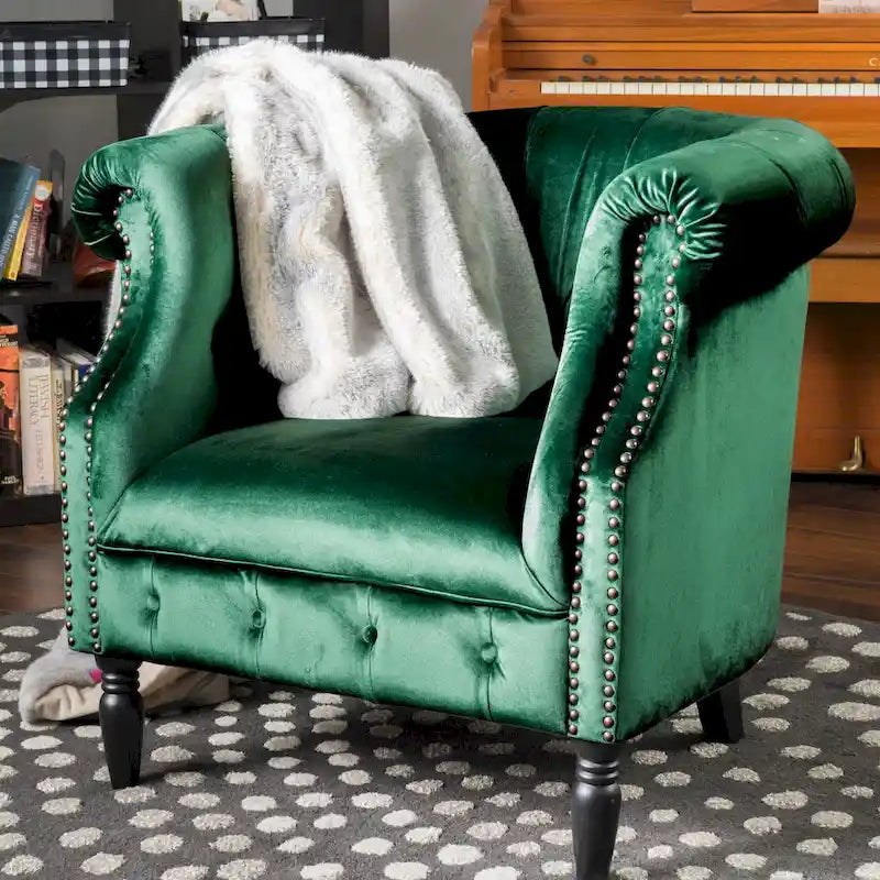 Velvet Club Chair – Tufted Arms, Nailhead Trim & Birch Wood Legs