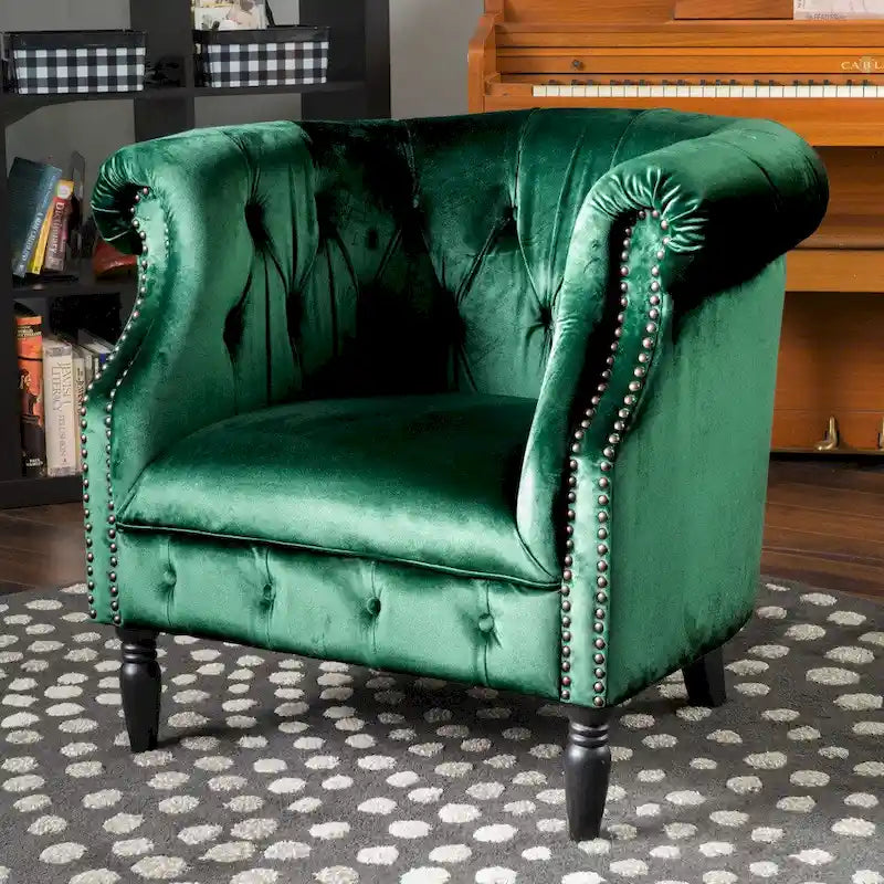 Velvet Club Chair – Tufted Arms, Nailhead Trim & Birch Wood Legs