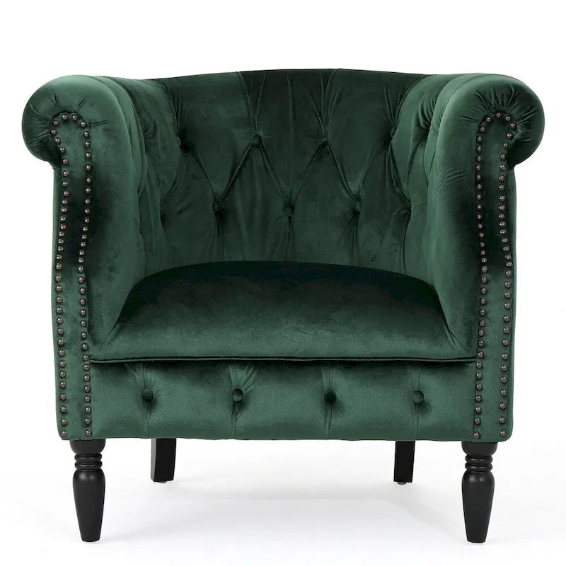 Velvet Club Chair – Tufted Arms, Nailhead Trim & Birch Wood Legs