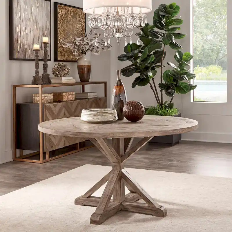 Krakova Rustic X-Base Round Pine Wood Dining Table