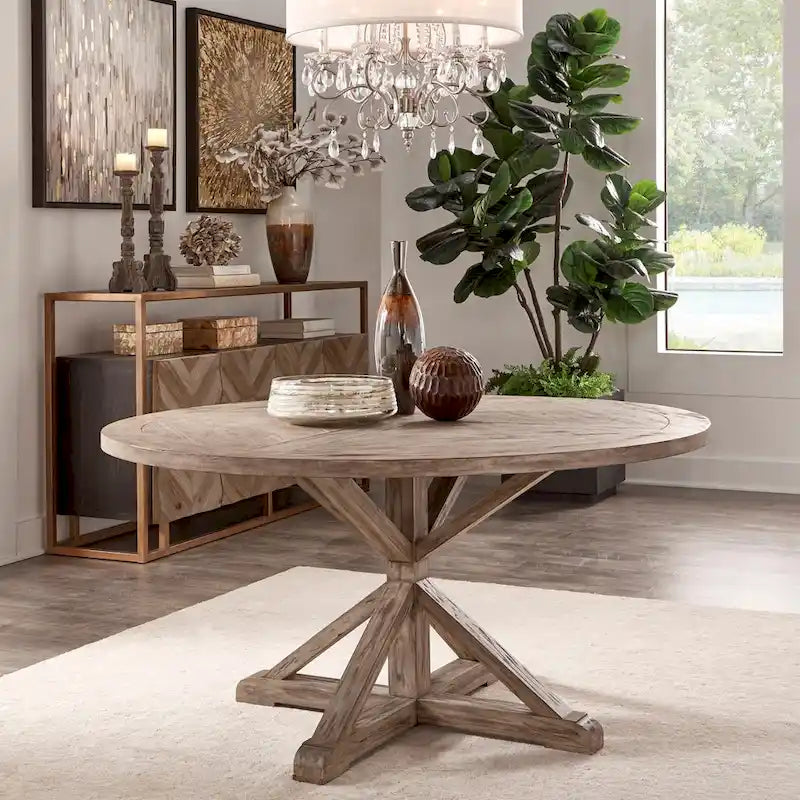 Rustic X-Base Round Pine Wood Dining Table – Distressed Farmhouse Style