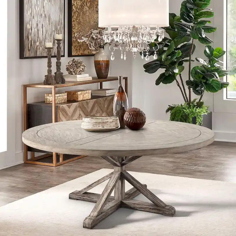 Rustic X-Base Round Pine Wood Dining Table – Distressed Farmhouse Style
