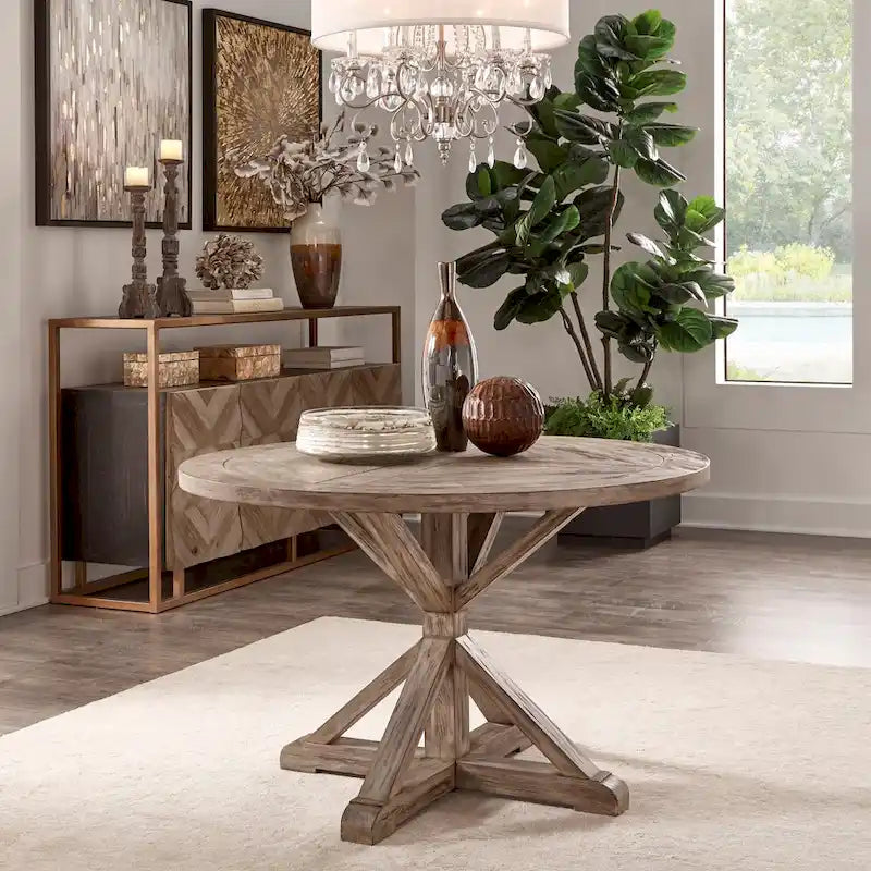 Rustic X-Base Round Pine Wood Dining Table – Distressed Farmhouse Style