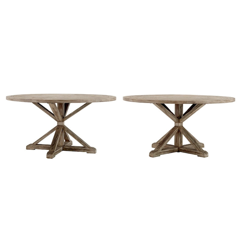 Rustic X-Base Round Pine Wood Dining Table – Distressed Farmhouse Style