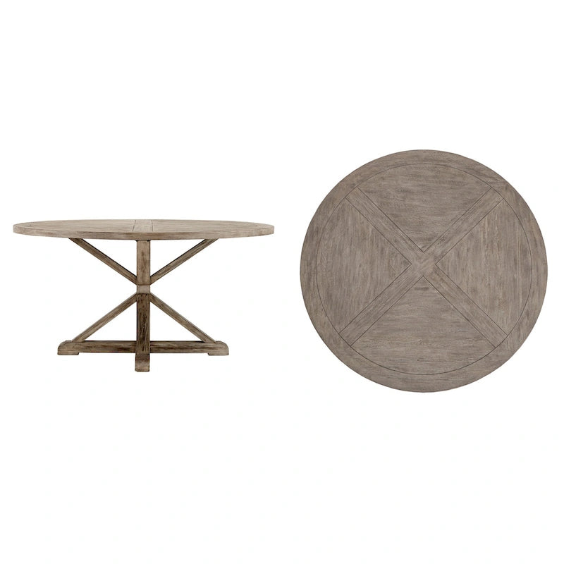 Rustic X-Base Round Pine Wood Dining Table – Distressed Farmhouse Style