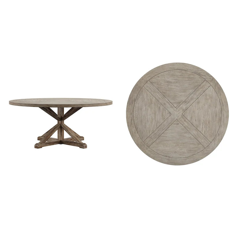 Rustic X-Base Round Pine Wood Dining Table – Distressed Farmhouse Style