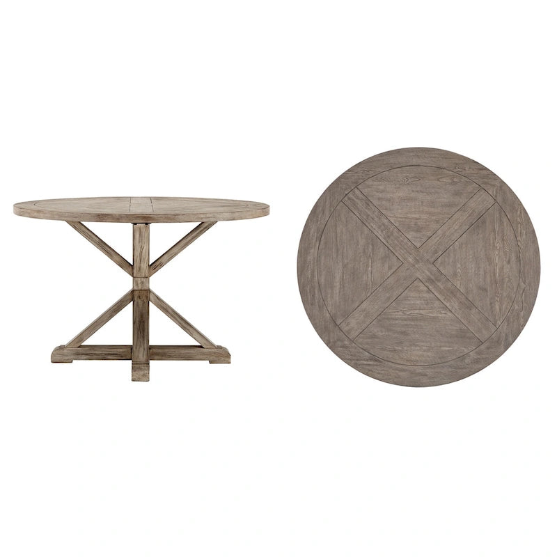 Rustic X-Base Round Pine Wood Dining Table – Distressed Farmhouse Style