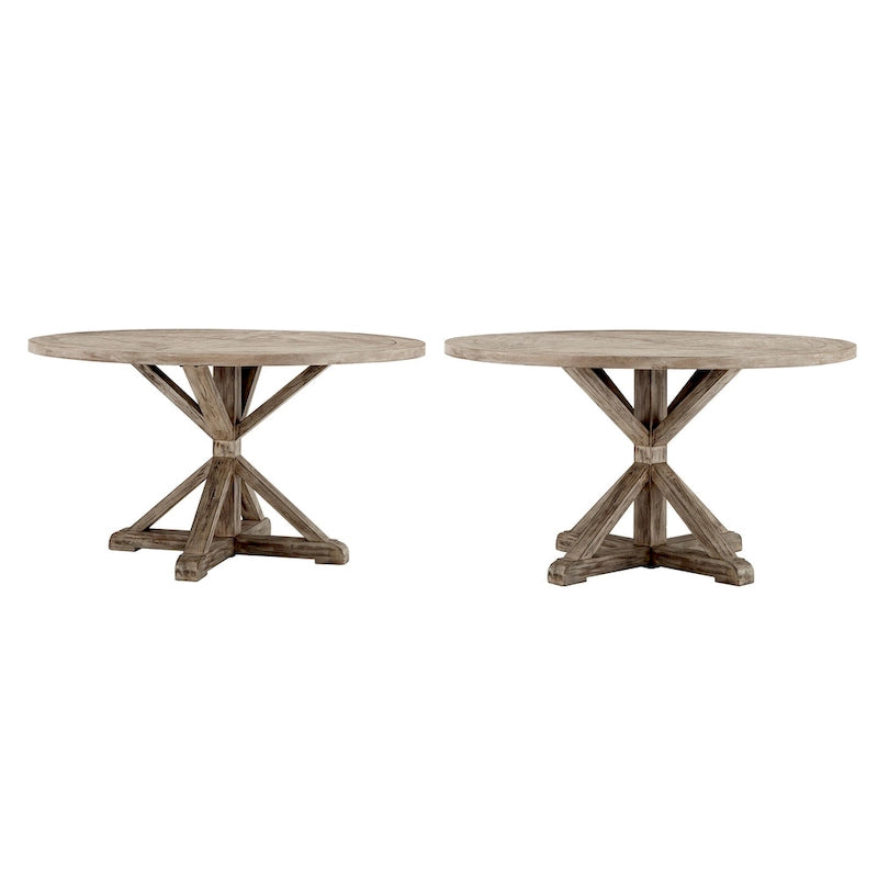 Rustic X-Base Round Pine Wood Dining Table – Distressed Farmhouse Style