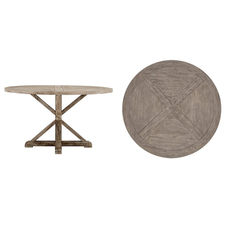 Rustic X-Base Round Pine Wood Dining Table – Distressed Farmhouse Style