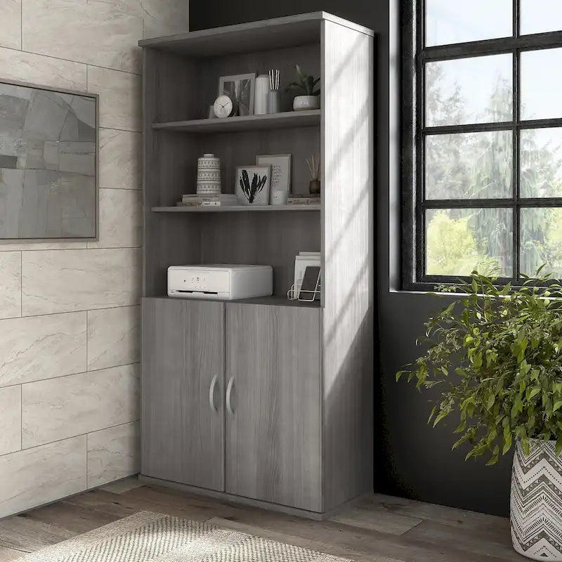 Tall 5-Shelf Bookcase with Cabinet Doors – Adjustable Shelves, Wall Anchor